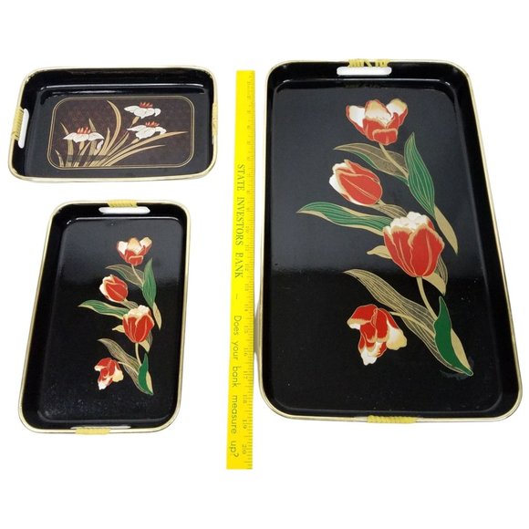 Vintage Serving Trays Wrapped Handles Iris Barware Lacquer Black Gold Japan - Picture 12 of 12